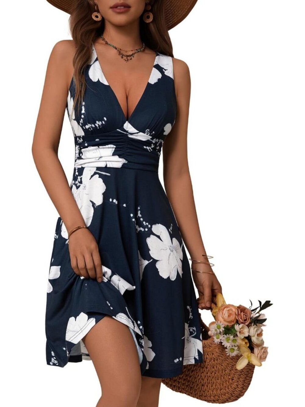 Floral Deep V Neck Sleeveless Sundress with Pockets | Flowy Summer Dress for
